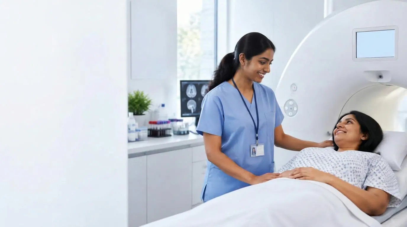 Technician helping a patient at a diagnostic scanner